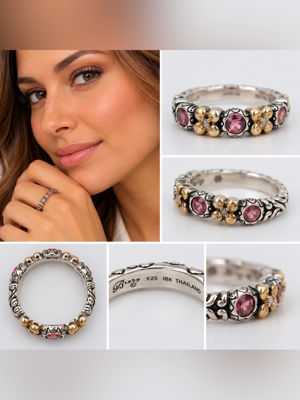 Barbara Bixby Sterling Silver 18K Gold Accent Pink Gemstone Floral Ring Size 8